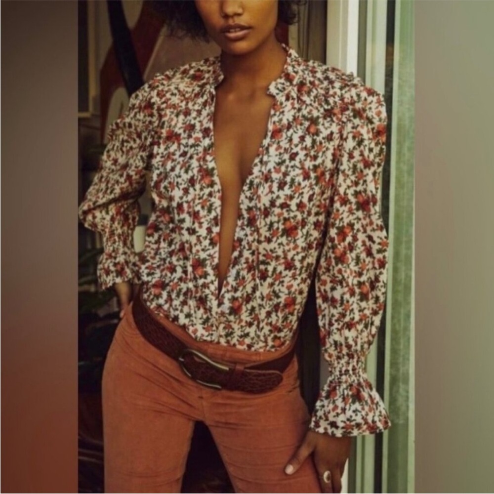 Free People Meant To Be Puff Sleeve Ruffle Blouse Top Vintage Floral Cotton Boho - Picture 13 of 16